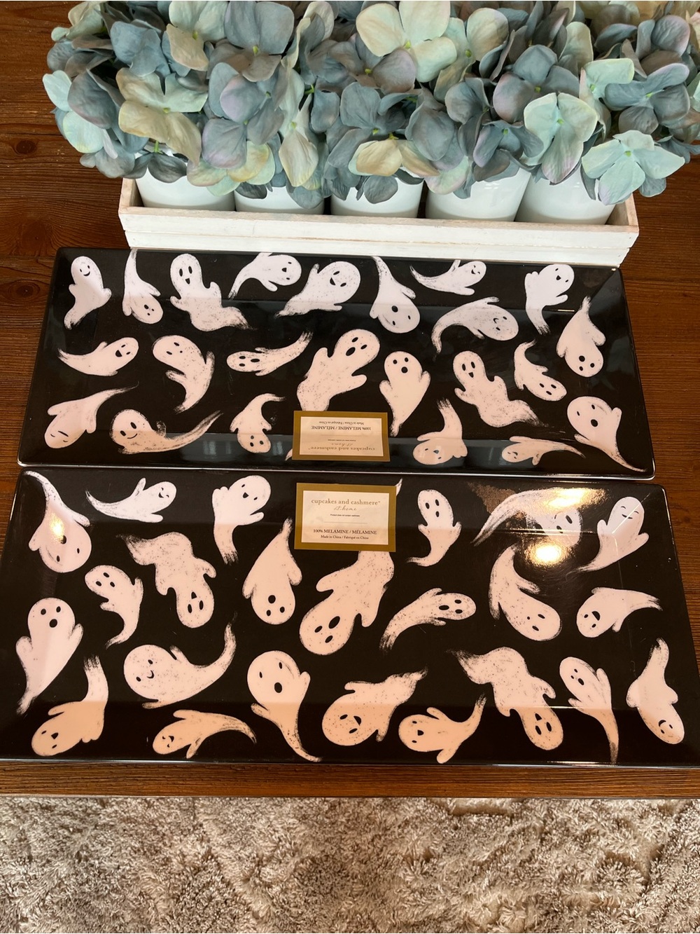 NWT Halloween Ghost Tray Set - Black and White Melamine Serving Trays Set of 2